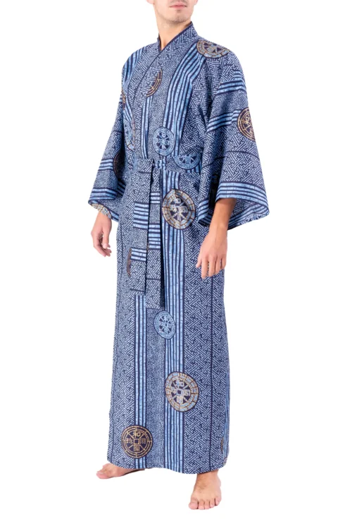 Model wearing ancient coins blue yukata kimono