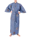 Model wearing ancient coins blue yukata kimono