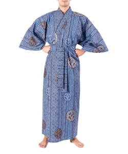 Model wearing ancient coins blue yukata kimono