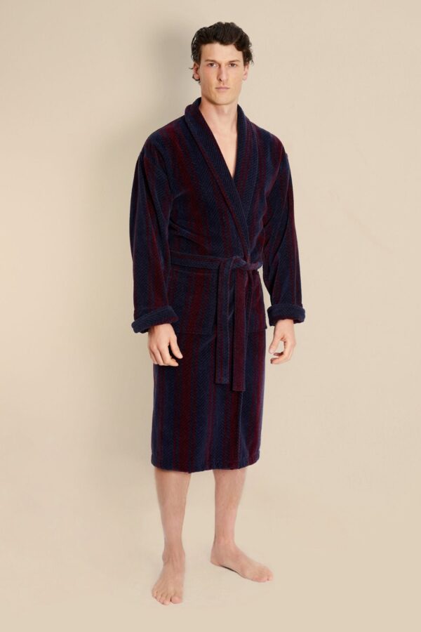 Bown of London Arbroath Navy & Burgundy Herringbone Stripe Men's Dressing Gown.