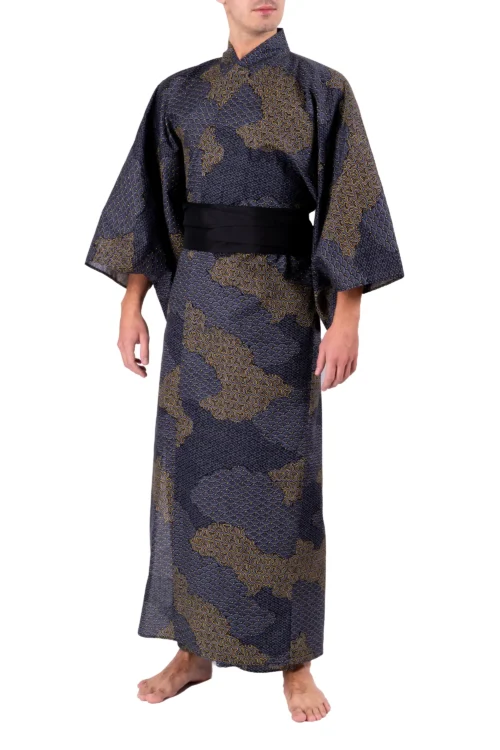 Front view of model wearing a black cloud men's yukata kimono robe with a black obi sash