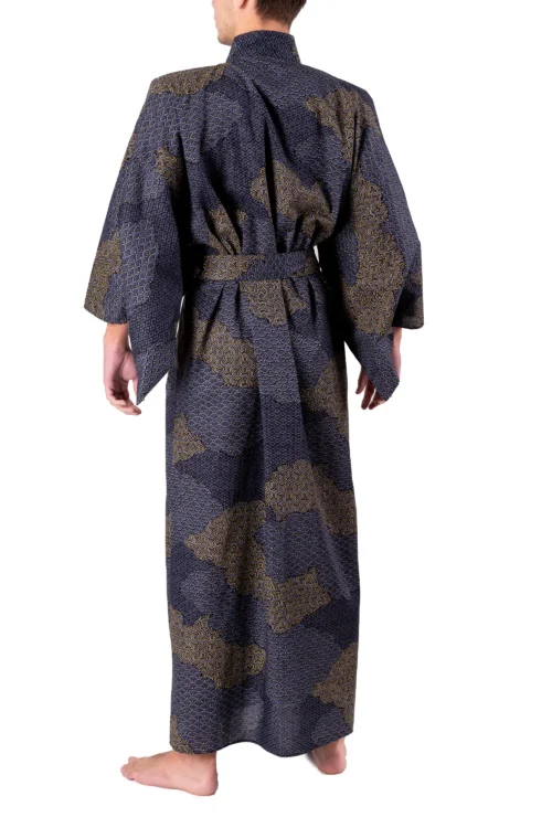 Back view of a model wearing a black cloud men's yukata kimono robe