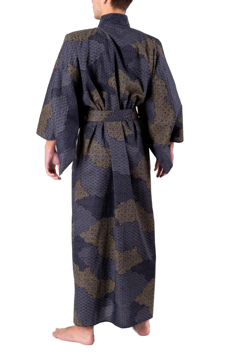 Back view of a model wearing a black cloud men's yukata kimono robe