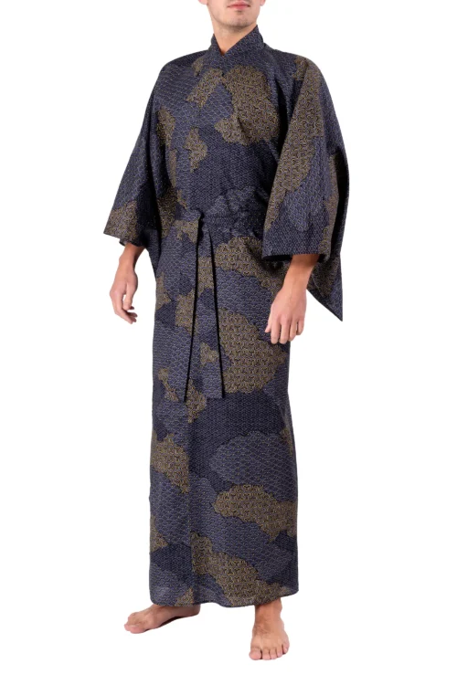 Front view of a model wearing a black cloud men's yukata kimono robe