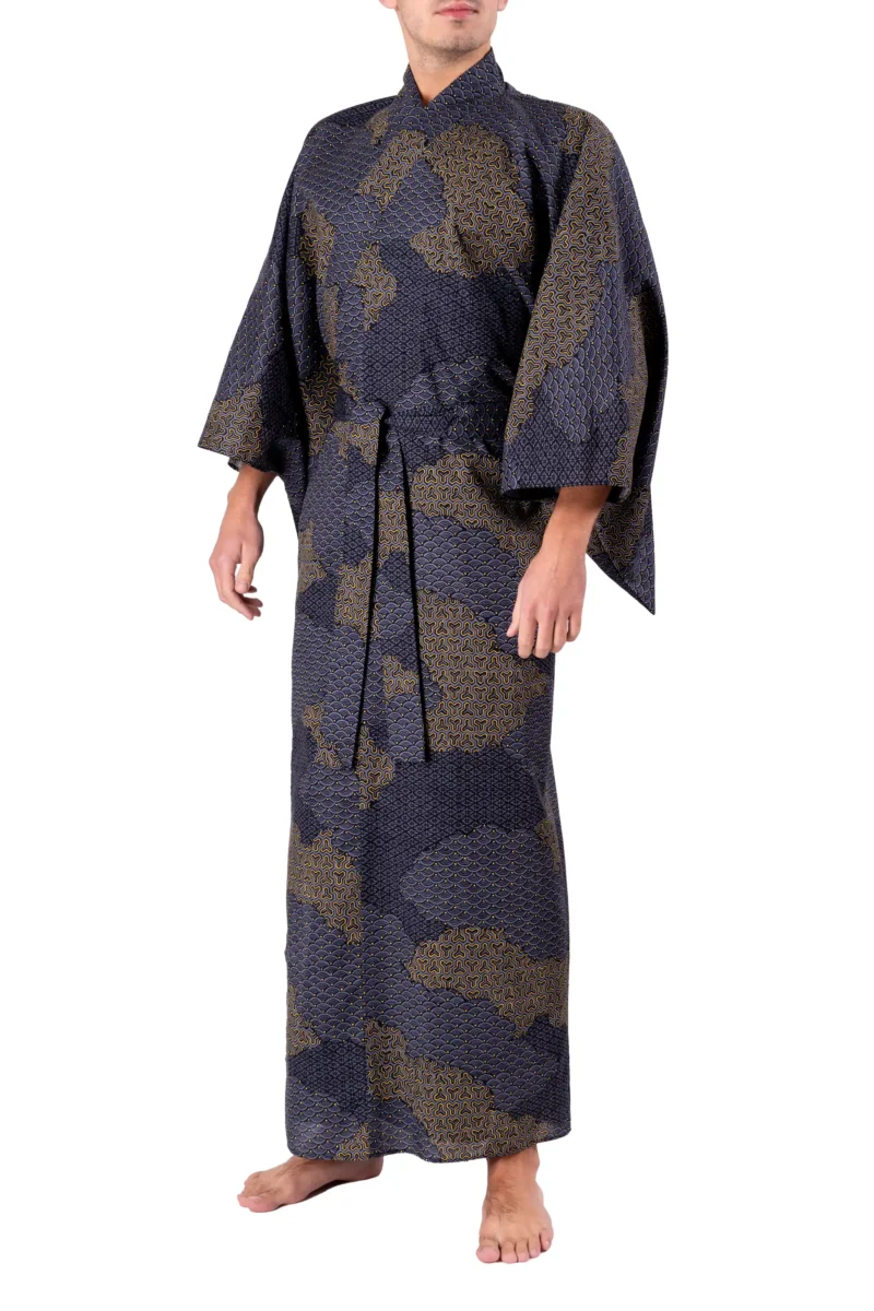 Front view of a model wearing a black cloud men's yukata kimono robe