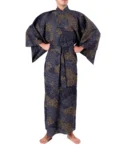 Straight on view of a model wearing a black cloud men's yukata kimono robe