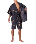 Model showing inside breast of black diamond Japanese jinbei pyjamas