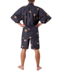 Alternate back view of model wearing black diamond Japanese jinbei pyjamas