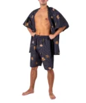 Open jacket view of model wearing a black diamond Japanese jinbei pyjamas