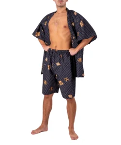 Open jacket view of model wearing a black diamond Japanese jinbei pyjamas