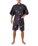 Alternate front view of model wearing black diamond Japanese jinbei pyjamas