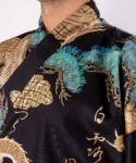 Lapel detail of black dragon and eagle men's yukata kimono robe