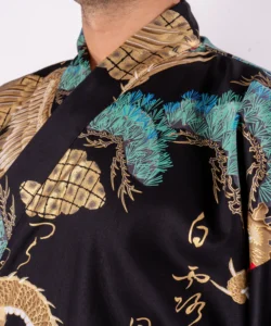 Lapel detail of black dragon and eagle men's yukata kimono robe