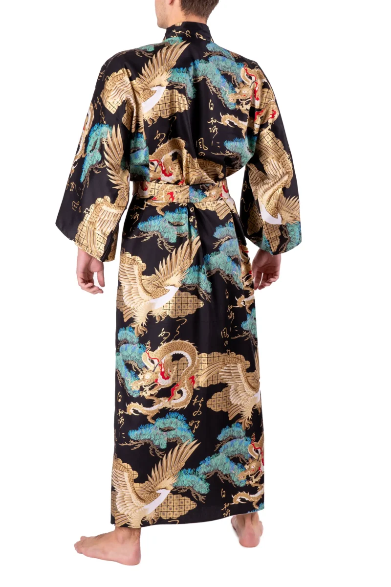 Back view of a model wearing a black dragon and eagle men's yukata kimono robe