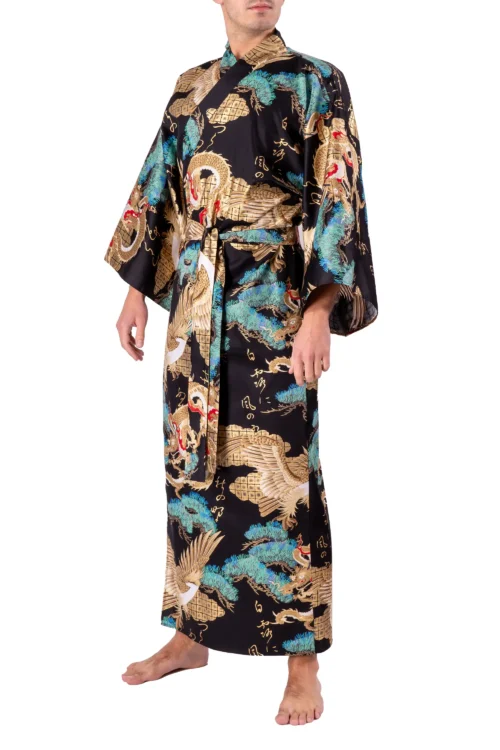 Front view of model wearing a black dragon and eagle men's yukata kimono robe