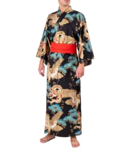 Front view of model wearing a black dragon and eagle men's yukata kimono robe with a red obi belt sash
