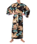 Straight on view of model wearing a black dragon and eagle men's yukata kimono robe