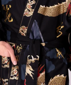 Belt fabric detail of black dragon and mount fuji male happi kimono robe