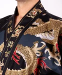 Lapel detail of black dragon and mount fuji male happi kimono robe