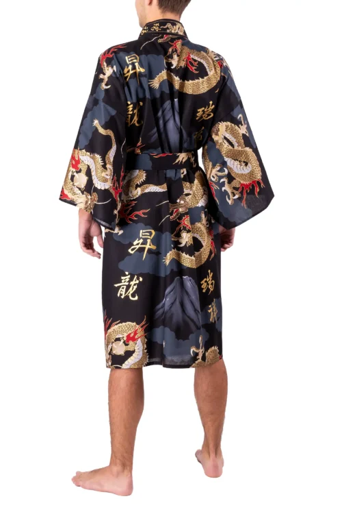 Back view of a model wearing a black dragon and mount fuji male happi kimono robe