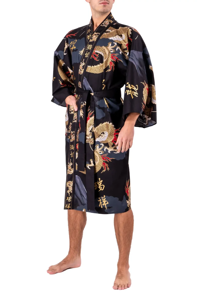 Front view of a model wearing a black dragon and mount fuji male happi kimono robe