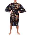 Straight on view of a model wearing a black dragon and mount fuji male happi kimono robe