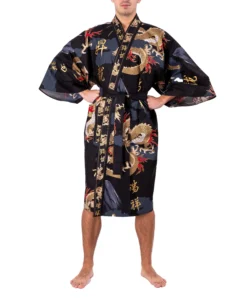 Straight on view of a model wearing a black dragon and mount fuji male happi kimono robe