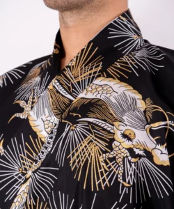 Lapel fabric detail of black dragon male yukata kimono