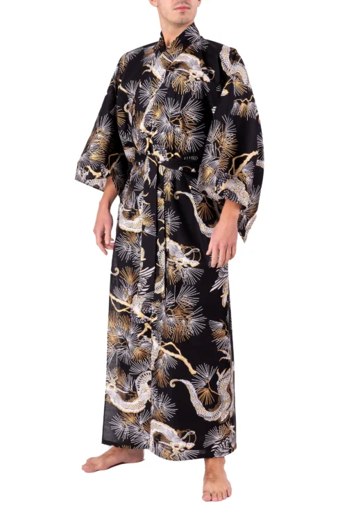 Front view of model wearing a black dragon male yukata kimono