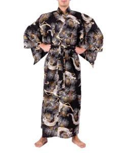Straight on view of model wearing a black dragon male yukata kimono