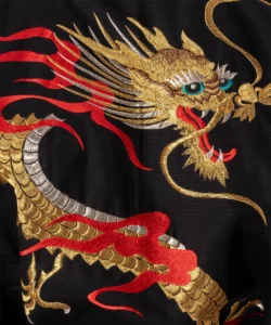 Large embroidered dragon on the back of a black flare dragon male yukata kimono robe