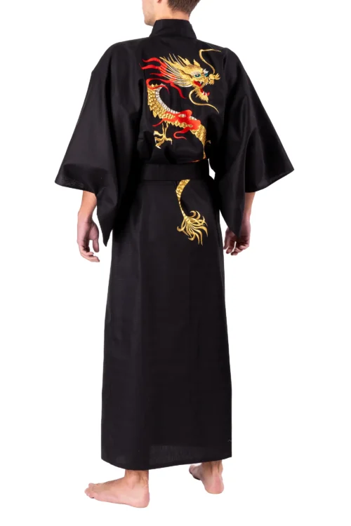 Back view of model wearing a black flare dragon male yukata kimono robe