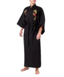 Front view of model wearing a black flare dragon male yukata kimono robe