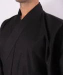 Lapel fabric detail of black shantung cotton male yukata kimono robe