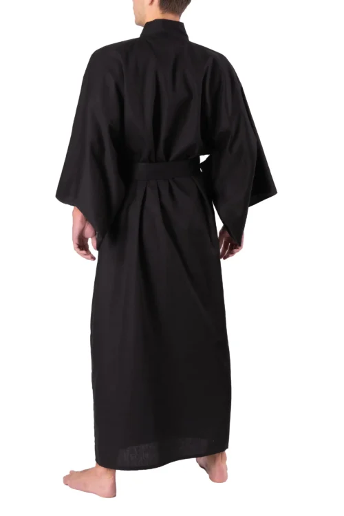 Back view of model wearing a black shantung cotton male yukata kimono robe