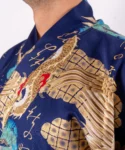 Lapel fabric detail of gold dragon and eagle navy yukata kimono