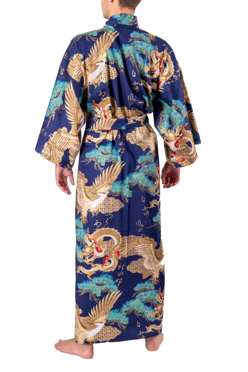 Back view of model wearing a gold dragon and eagle navy yukata kimono