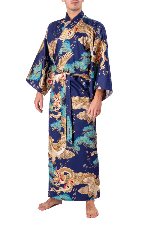 Front view of model wearing a gold dragon and eagle navy yukata kimono
