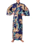 Straight on view of model wearing a gold dragon and eagle navy yukata kimono