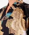 Lapel fabric detail of black dragon and eagle kimono