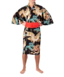 Front view of model wearing black dragon and eagle kimono, showing off a red obi belt