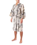 Front view of model wearing cream bamboo and sparrow kimono