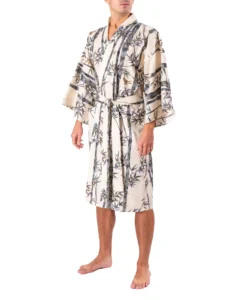 Front view of model wearing cream bamboo and sparrow kimono
