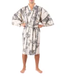 Straight on view of model wearing cream bamboo and sparrow kimono