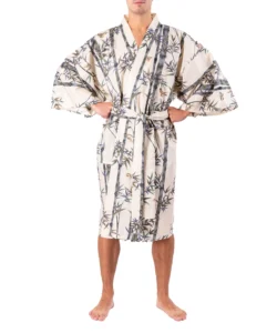 Straight on view of model wearing cream bamboo and sparrow kimono