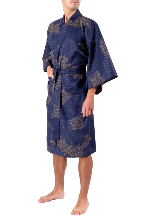 Front view of model wearing navy cloud kimono