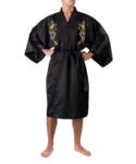 Front straight view of model wearing a rising dragon black kimono
