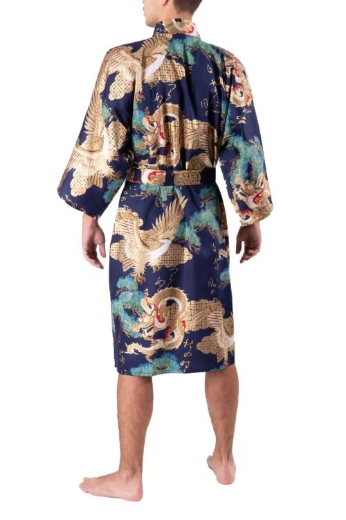 Back view of model wearing a navy and gold dragon and eagle kimono