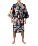 Front straight view of model wearing a navy and gold dragon and eagle kimono