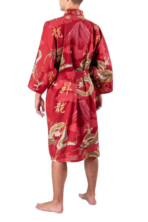 Back view of model wearing a red dragon and fuji kimono